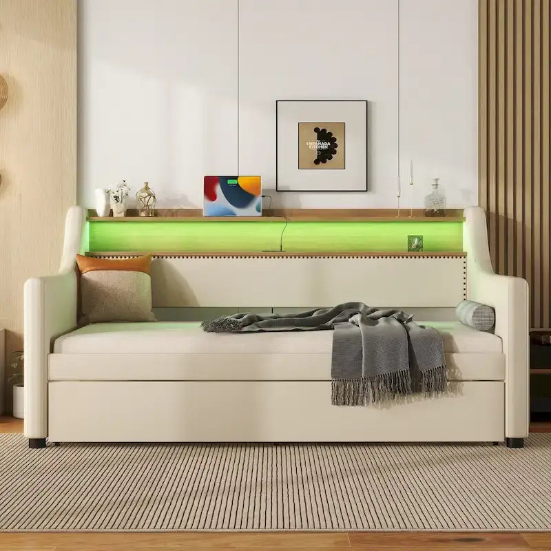 Beige PU Leather Twin Daybed with Trundle, LED & Storage Headboard, Sleeps 1–2