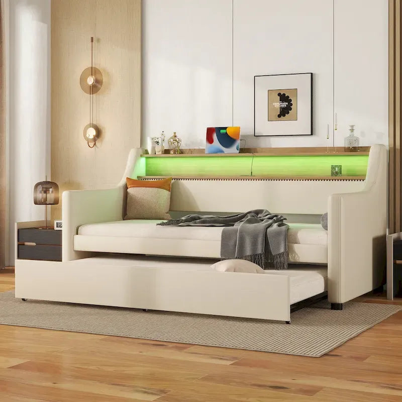 Beige PU Leather Twin Daybed with Trundle, LED & Storage Headboard, Sleeps 1–2
