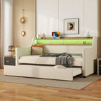 Beige PU Leather Twin Daybed with Trundle, LED & Storage Headboard, Sleeps 1–2