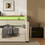 Beige PU Leather Twin Daybed with Trundle, LED & Storage Headboard, Sleeps 1–2