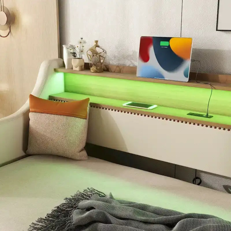 Beige PU Leather Twin Daybed with Trundle, LED & Storage Headboard, Sleeps 1–2