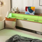 Beige PU Leather Twin Daybed with Trundle, LED & Storage Headboard, Sleeps 1–2