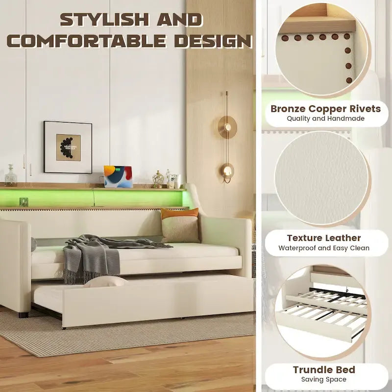 Beige PU Leather Twin Daybed with Trundle, LED & Storage Headboard, Sleeps 1–2