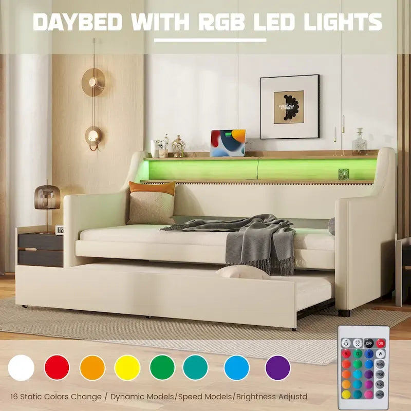 Beige PU Leather Twin Daybed with Trundle, LED & Storage Headboard, Sleeps 1–2