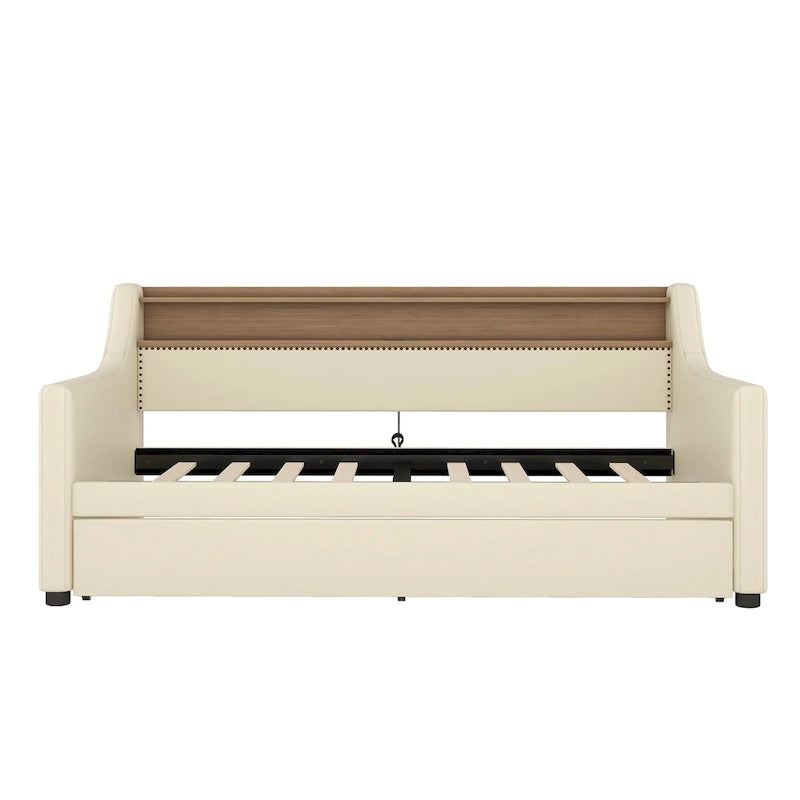 Beige PU Leather Twin Daybed with Trundle, LED & Storage Headboard, Sleeps 1–2