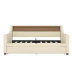 Beige PU Leather Twin Daybed with Trundle, LED & Storage Headboard, Sleeps 1–2
