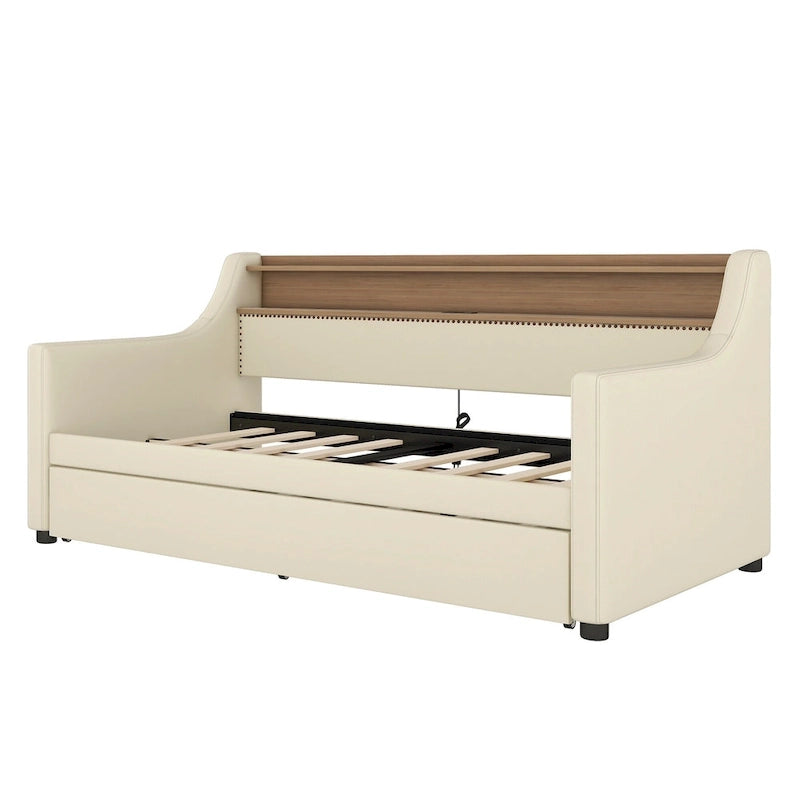 Beige PU Leather Twin Daybed with Trundle, LED & Storage Headboard, Sleeps 1–2