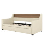 Beige PU Leather Twin Daybed with Trundle, LED & Storage Headboard, Sleeps 1–2
