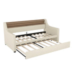 Beige PU Leather Twin Daybed with Trundle, LED & Storage Headboard, Sleeps 1–2
