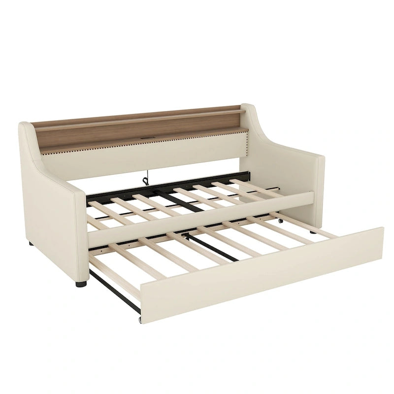 Beige PU Leather Twin Daybed with Trundle, LED & Storage Headboard, Sleeps 1–2
