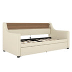 Beige PU Leather Twin Daybed with Trundle, LED & Storage Headboard, Sleeps 1–2