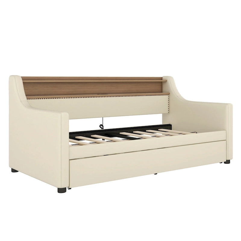 Beige PU Leather Twin Daybed with Trundle, LED & Storage Headboard, Sleeps 1–2