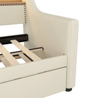 Beige PU Leather Twin Daybed with Trundle, LED & Storage Headboard, Sleeps 1–2