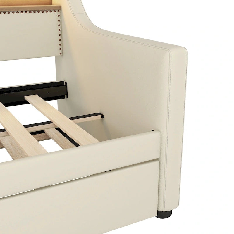 Beige PU Leather Twin Daybed with Trundle, LED & Storage Headboard, Sleeps 1–2