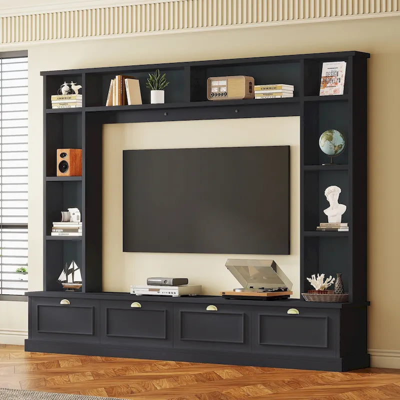 Black Modern TV Wall Unit with Bookshelf & Cabinets, 2-Person Assembly