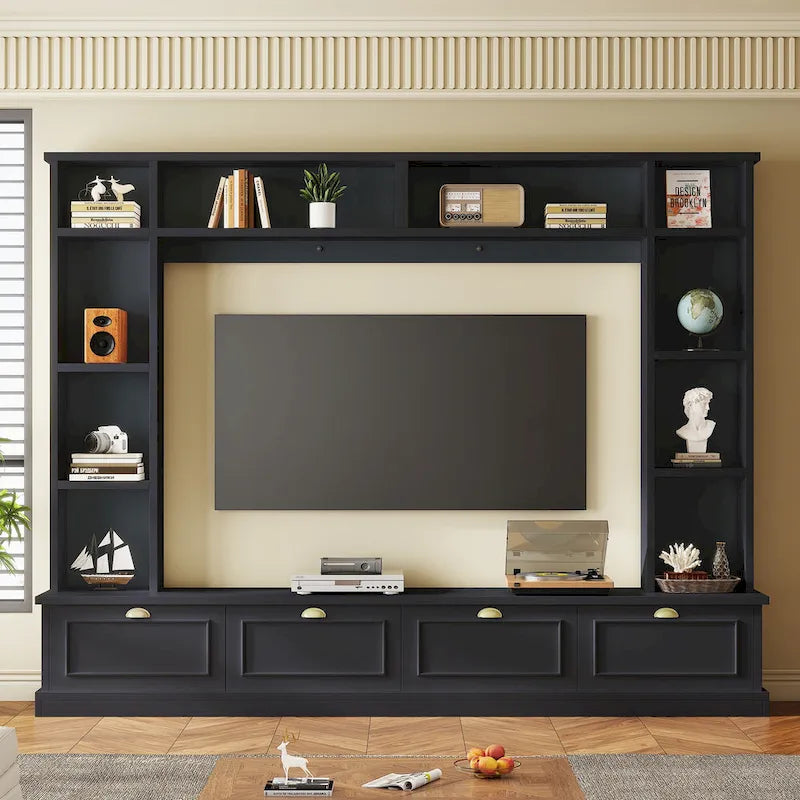 Black Modern TV Wall Unit with Bookshelf & Cabinets, 2-Person Assembly
