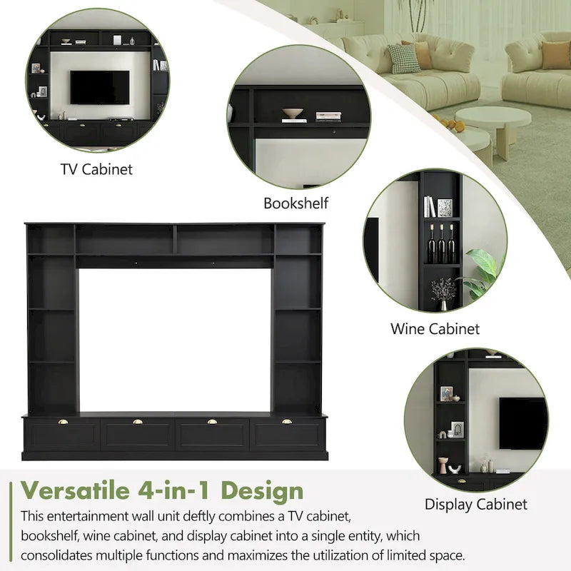 Black Modern TV Wall Unit with Bookshelf & Cabinets, 2-Person Assembly