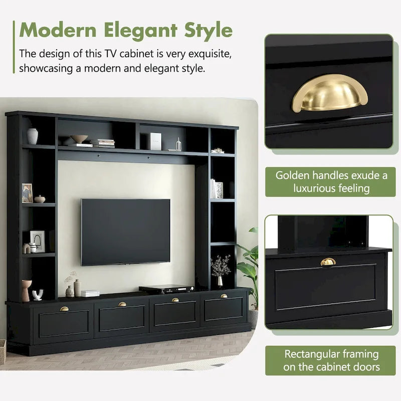 Black Modern TV Wall Unit with Bookshelf & Cabinets, 2-Person Assembly