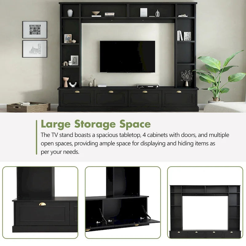 Black Modern TV Wall Unit with Bookshelf & Cabinets, 2-Person Assembly