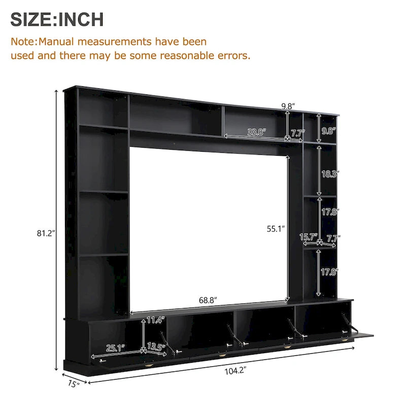 Black Modern TV Wall Unit with Bookshelf & Cabinets, 2-Person Assembly