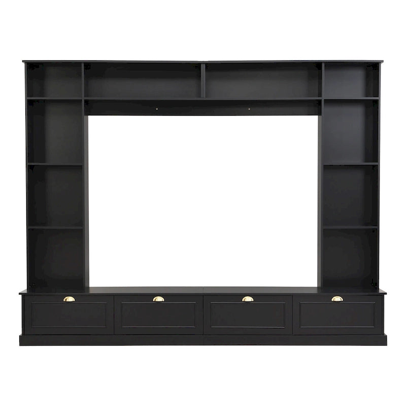 Black Modern TV Wall Unit with Bookshelf & Cabinets, 2-Person Assembly