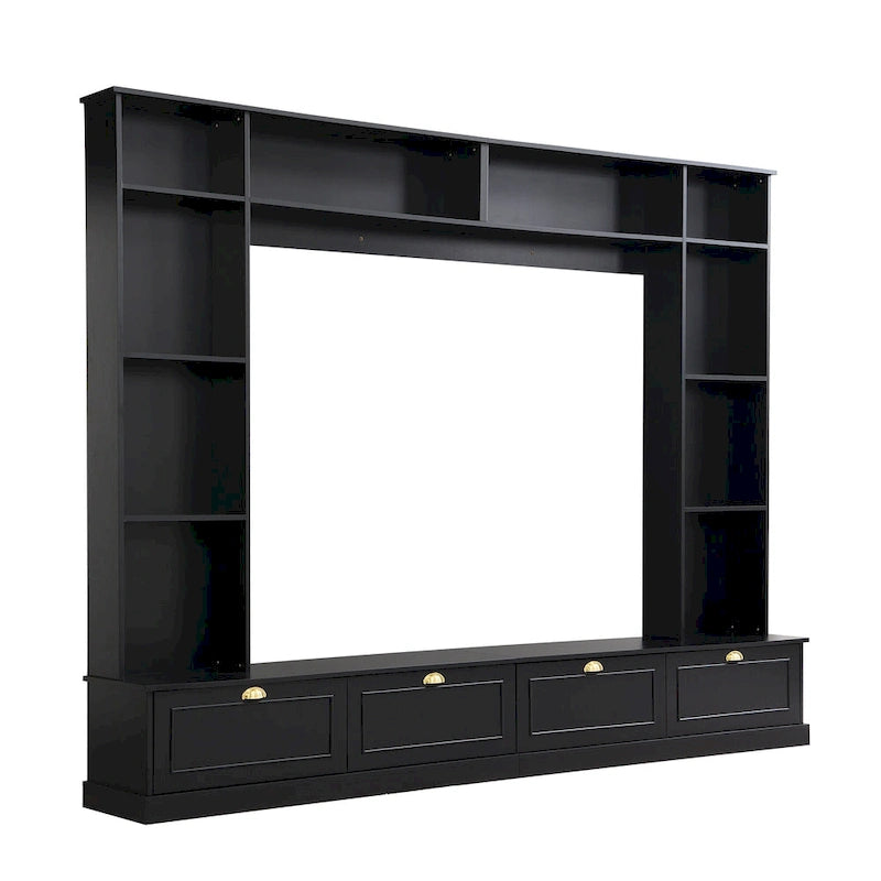 Black Modern TV Wall Unit with Bookshelf & Cabinets, 2-Person Assembly