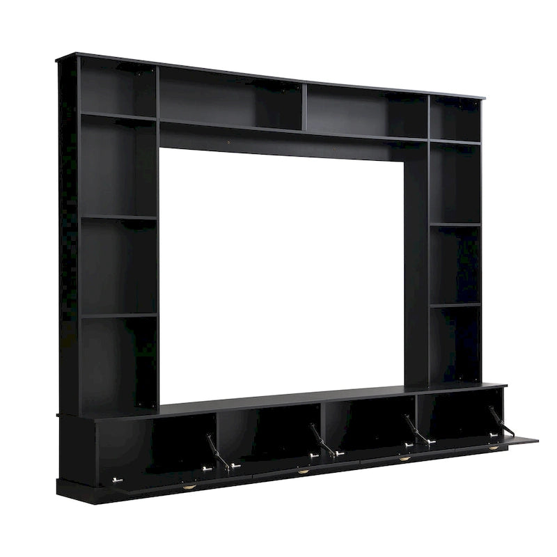 Black Modern TV Wall Unit with Bookshelf & Cabinets, 2-Person Assembly