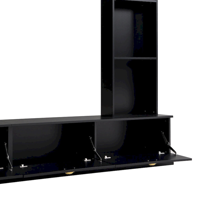 Black Modern TV Wall Unit with Bookshelf & Cabinets, 2-Person Assembly