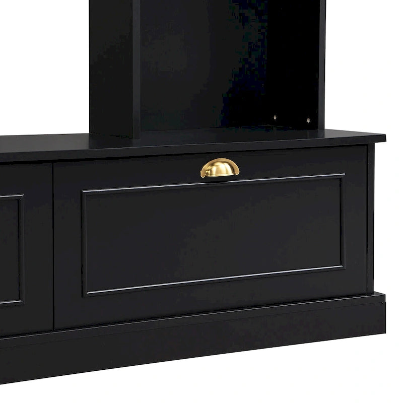 Black Modern TV Wall Unit with Bookshelf & Cabinets, 2-Person Assembly