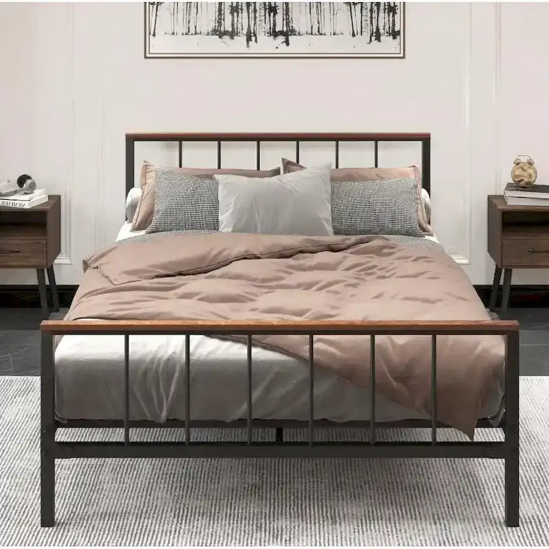 Black Metal Queen Platform Bed with Headboard, For 2 People