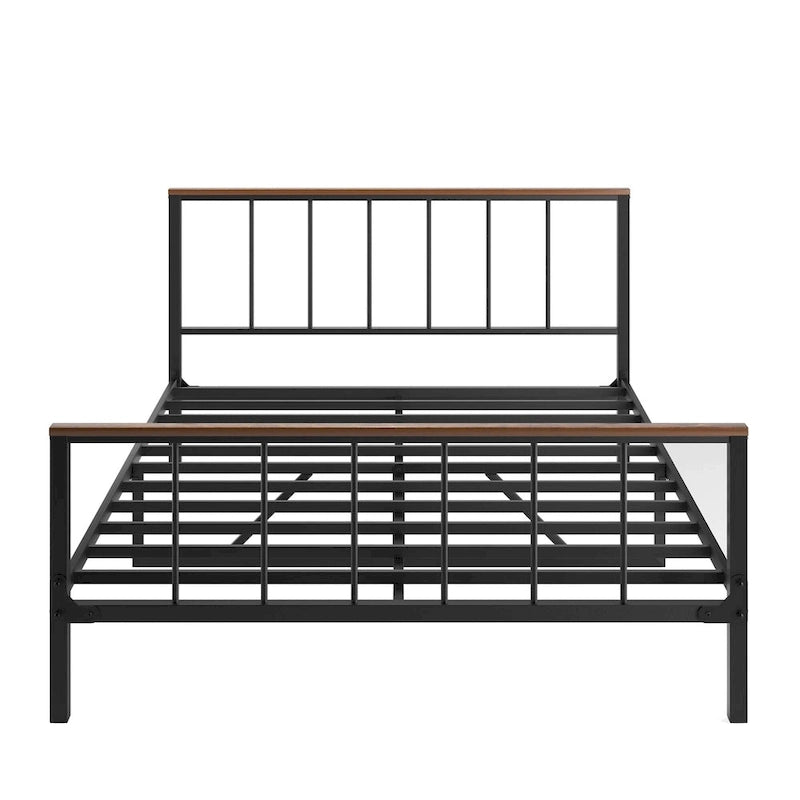 Black Metal Queen Platform Bed Frame with Headboard & Footboard, Fits 2-3 People