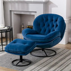Blue Modern 31.73  Upholstered Swivel Buttons Tufted Accent Chair with Ottoman and Black Metal Legs