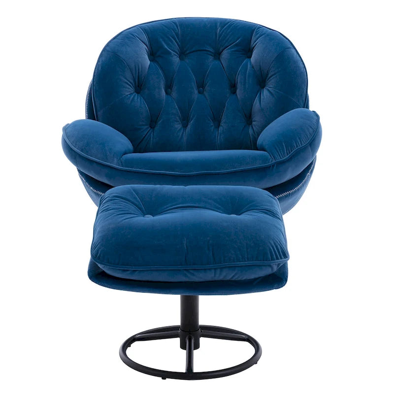 Blue Velvet Swivel Accent Chair with Ottoman, 1-Person, Black Metal Legs