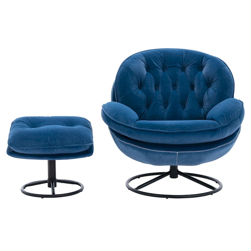 Blue Velvet Swivel Accent Chair with Ottoman, 1-Person, Black Metal Legs