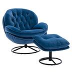Blue Velvet Swivel Accent Chair with Ottoman, 1-Person, Black Metal Legs