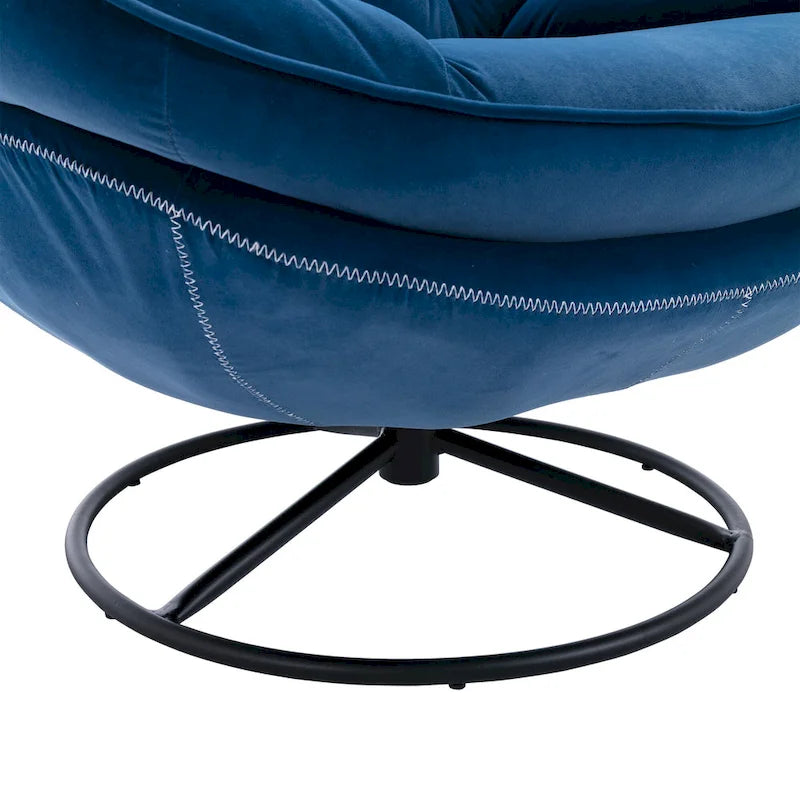Blue Velvet Swivel Accent Chair with Ottoman, 1-Person, Black Metal Legs