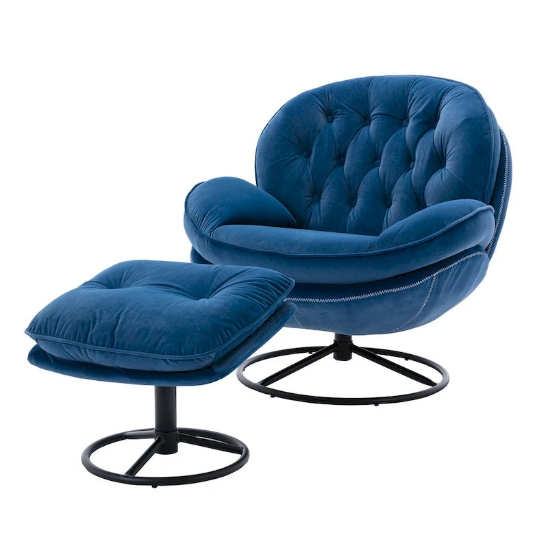 Blue Velvet Swivel Accent Chair with Ottoman, 1-Person, Black Metal Legs