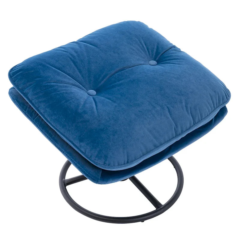 Blue Velvet Swivel Accent Chair with Ottoman, 1-Person, Black Metal Legs