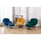 Blue Velvet Swivel Accent Chair with Ottoman, 1-Person, Black Metal Legs