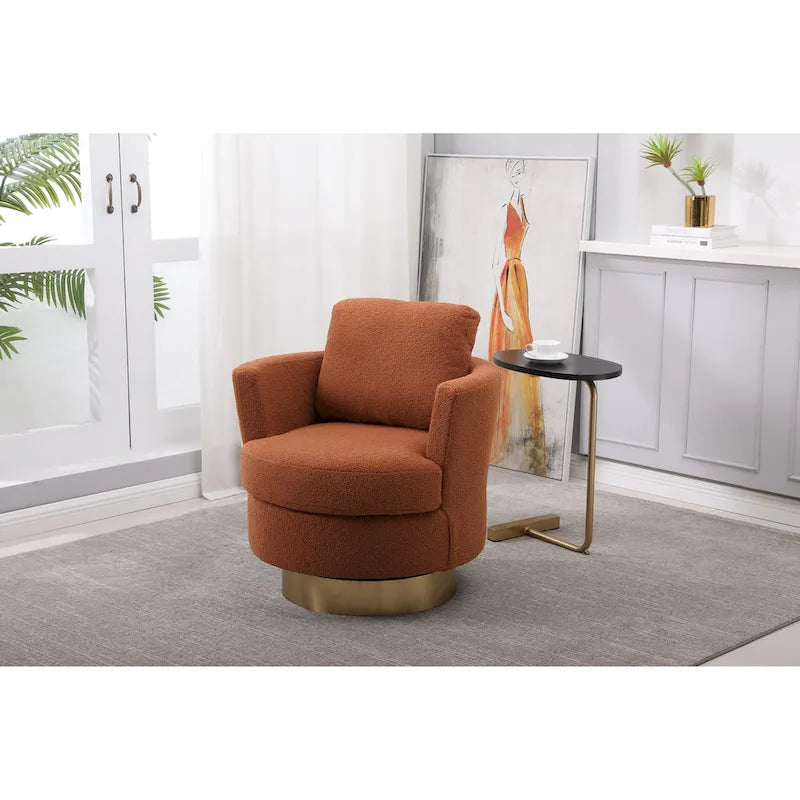 Brown Upholstered Swivel Barrel Accent Chair, Gold Metal Base, 1-Seat