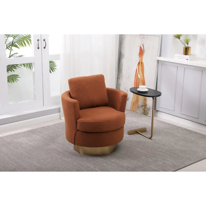 Brown Upholstered Swivel Barrel Accent Chair, Gold Metal Base, 1-Seat