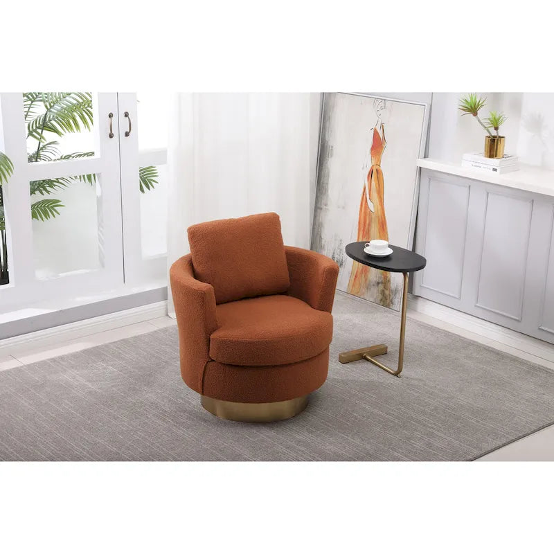 Brown Upholstered Swivel Barrel Accent Chair, Gold Metal Base, 1-Seat