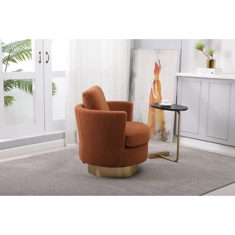 Brown Upholstered Swivel Barrel Accent Chair, Gold Metal Base, 1-Seat