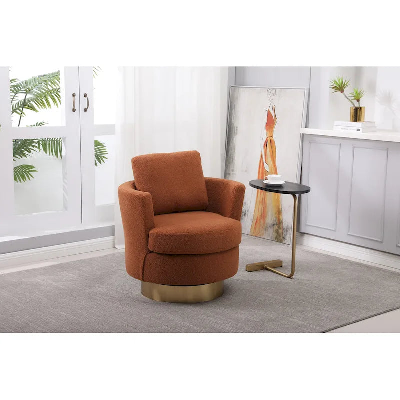 Brown Upholstered Swivel Barrel Accent Chair, Gold Metal Base, 1-Seat
