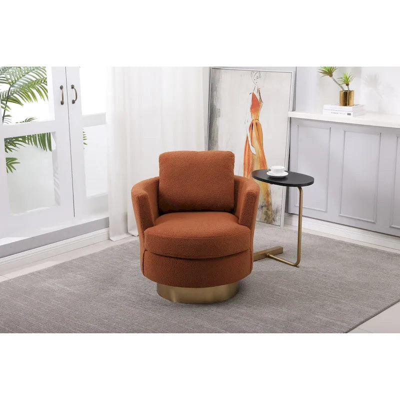 Brown Upholstered Swivel Barrel Accent Chair, Gold Metal Base, 1-Seat