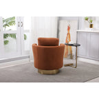 Brown Upholstered Swivel Barrel Accent Chair, Gold Metal Base, 1-Seat