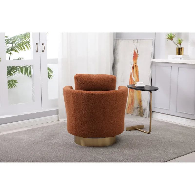 Brown Upholstered Swivel Barrel Accent Chair, Gold Metal Base, 1-Seat