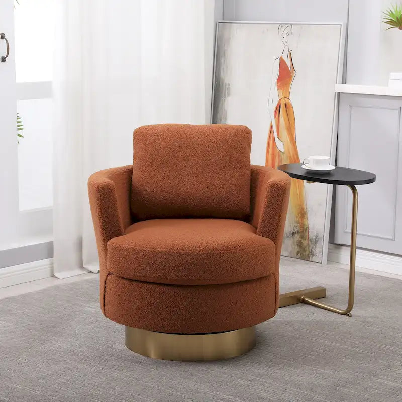 Brown Upholstered Swivel Barrel Accent Chair, Gold Metal Base, 1-Seat