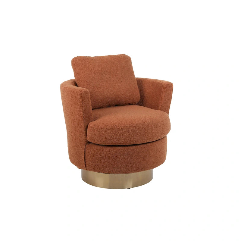 Brown Upholstered Swivel Barrel Accent Chair, Gold Metal Base, 1-Seat