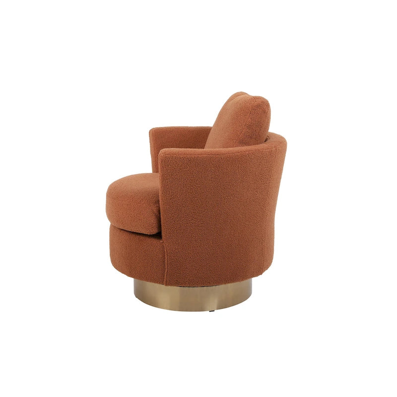 Brown Upholstered Swivel Barrel Accent Chair, Gold Metal Base, 1-Seat
